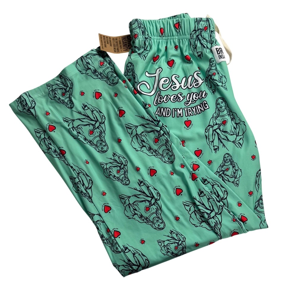 Brief Insanity Jesus Loves You And Im Trying Lounge Pants Men L Aqua Jesus Heart